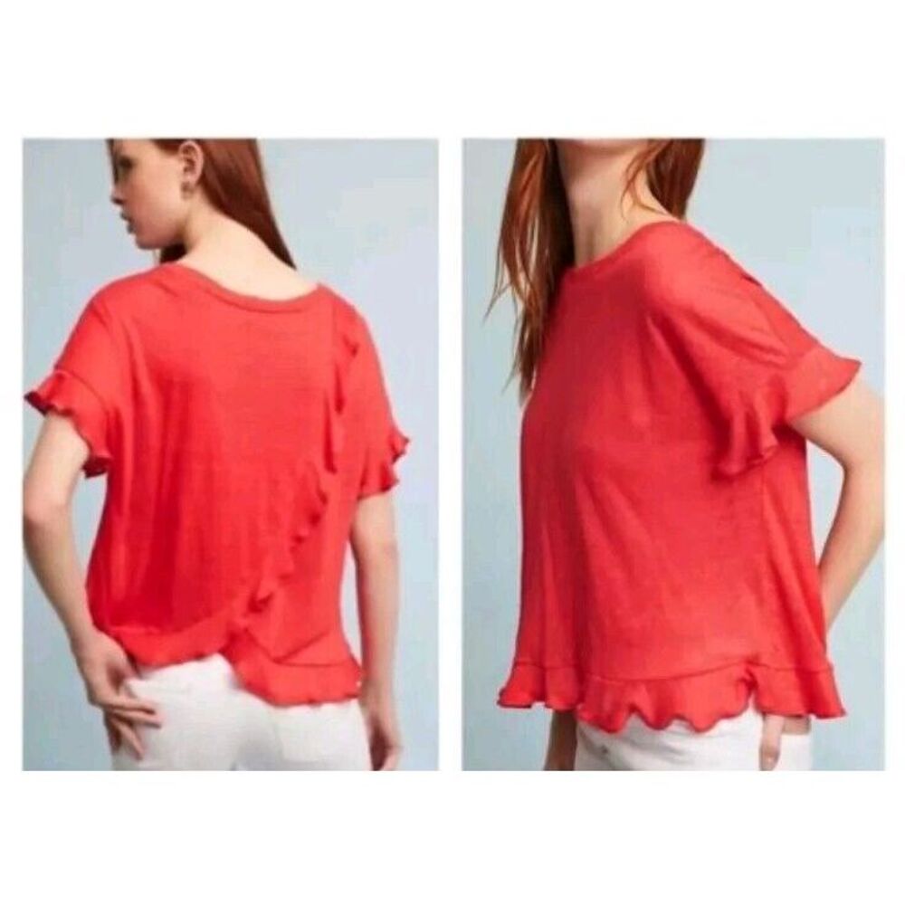 eri ali 100% Linen Relaxed Fit Designer Cap Sleeve Red T-Shirt w/ Ruffle Decor S